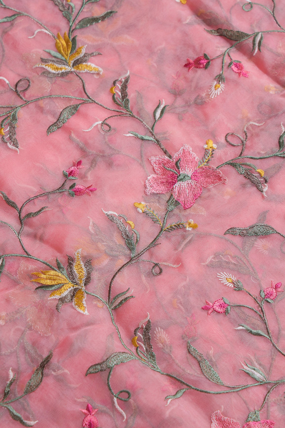 Elegant Floral Multi Color Thread Embroidery Work On Peach Organza Fabric