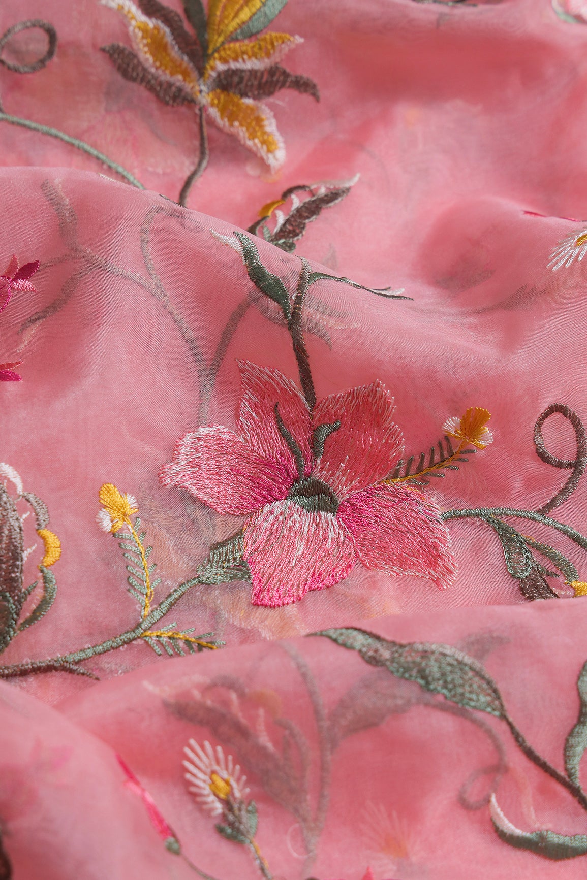 Elegant Floral Multi Color Thread Embroidery Work On Peach Organza Fabric