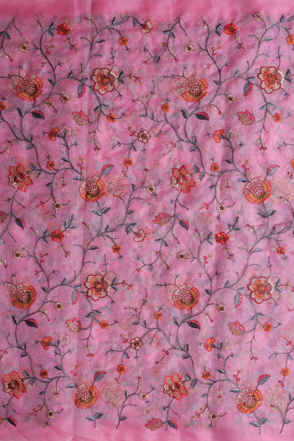 Beautiful Floral Multi Color Thread with Sequins Embroidery Work On Pink Organza Fabric