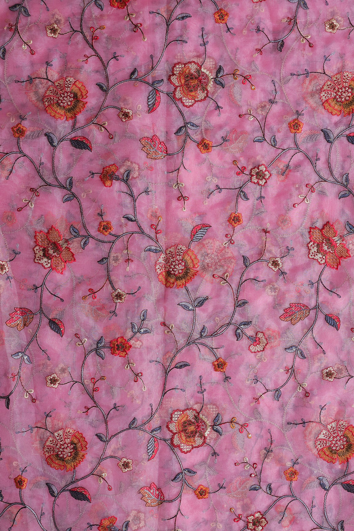 Beautiful Floral Multi Color Thread with Sequins Embroidery Work On Pink Organza Fabric
