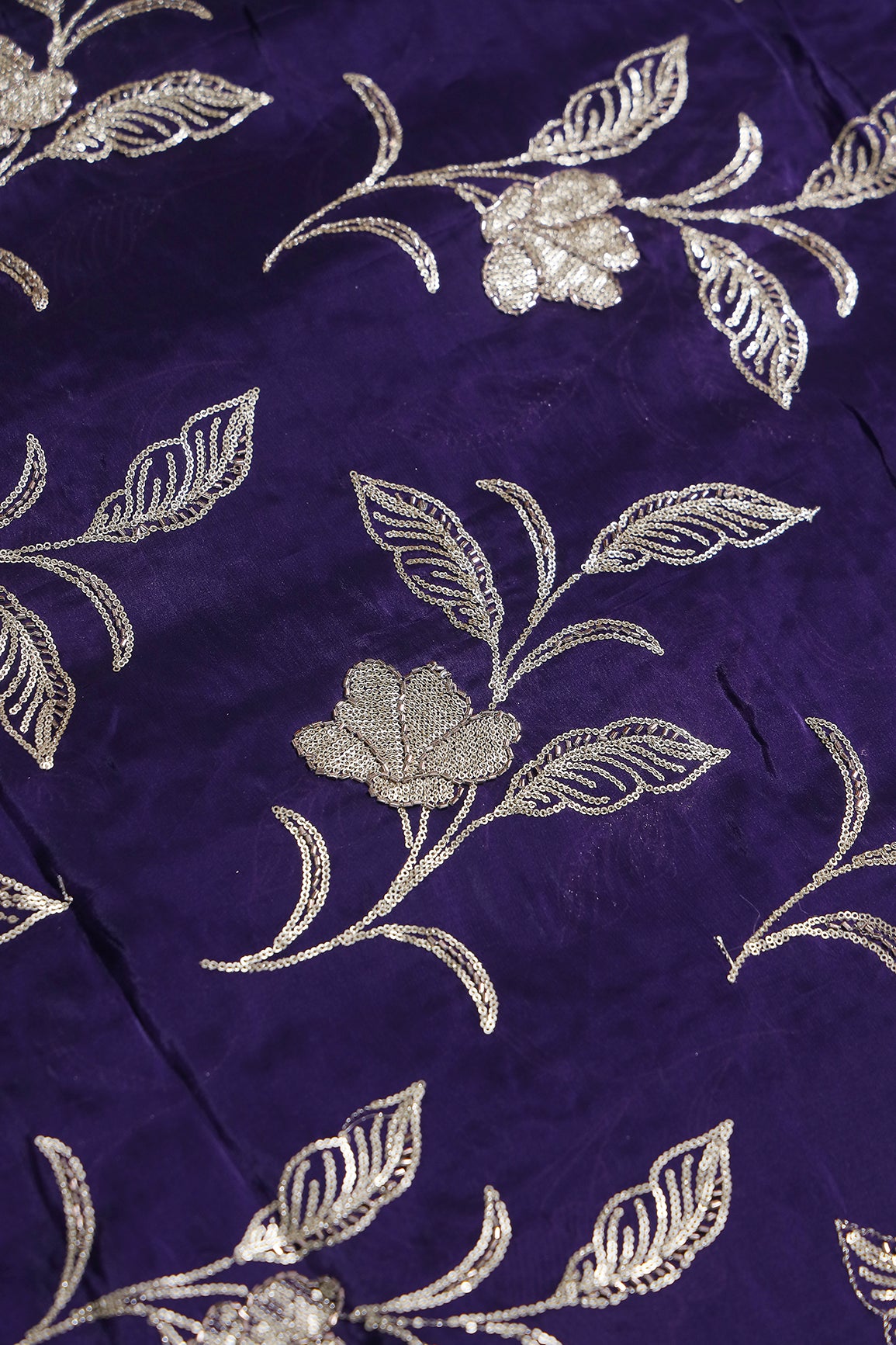 Gold Sequins With Beads Floral Leafy Embroidery Work On Purple Glass Tissue Organza Fabric