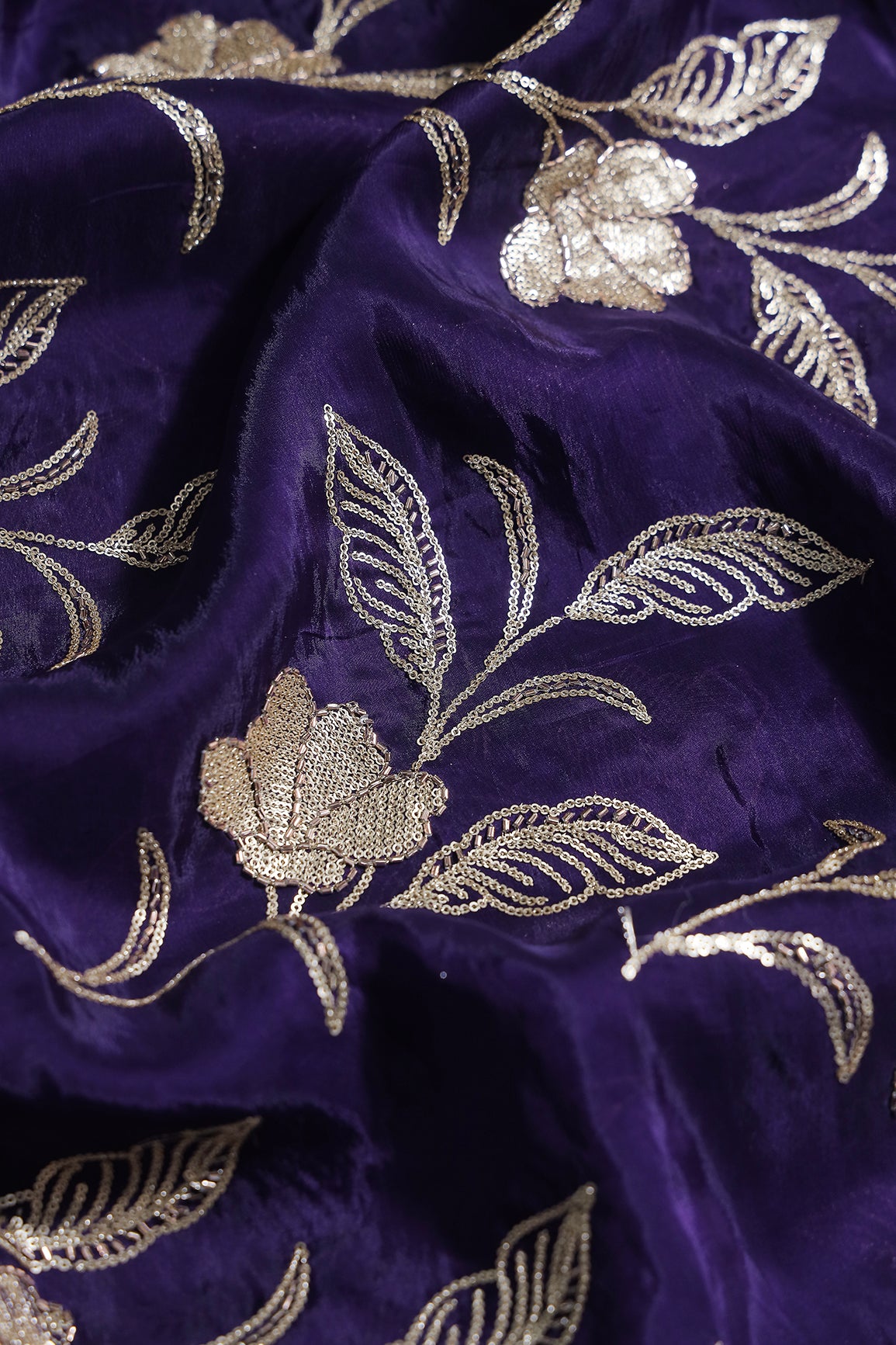 Gold Sequins With Beads Floral Leafy Embroidery Work On Purple Glass Tissue Organza Fabric