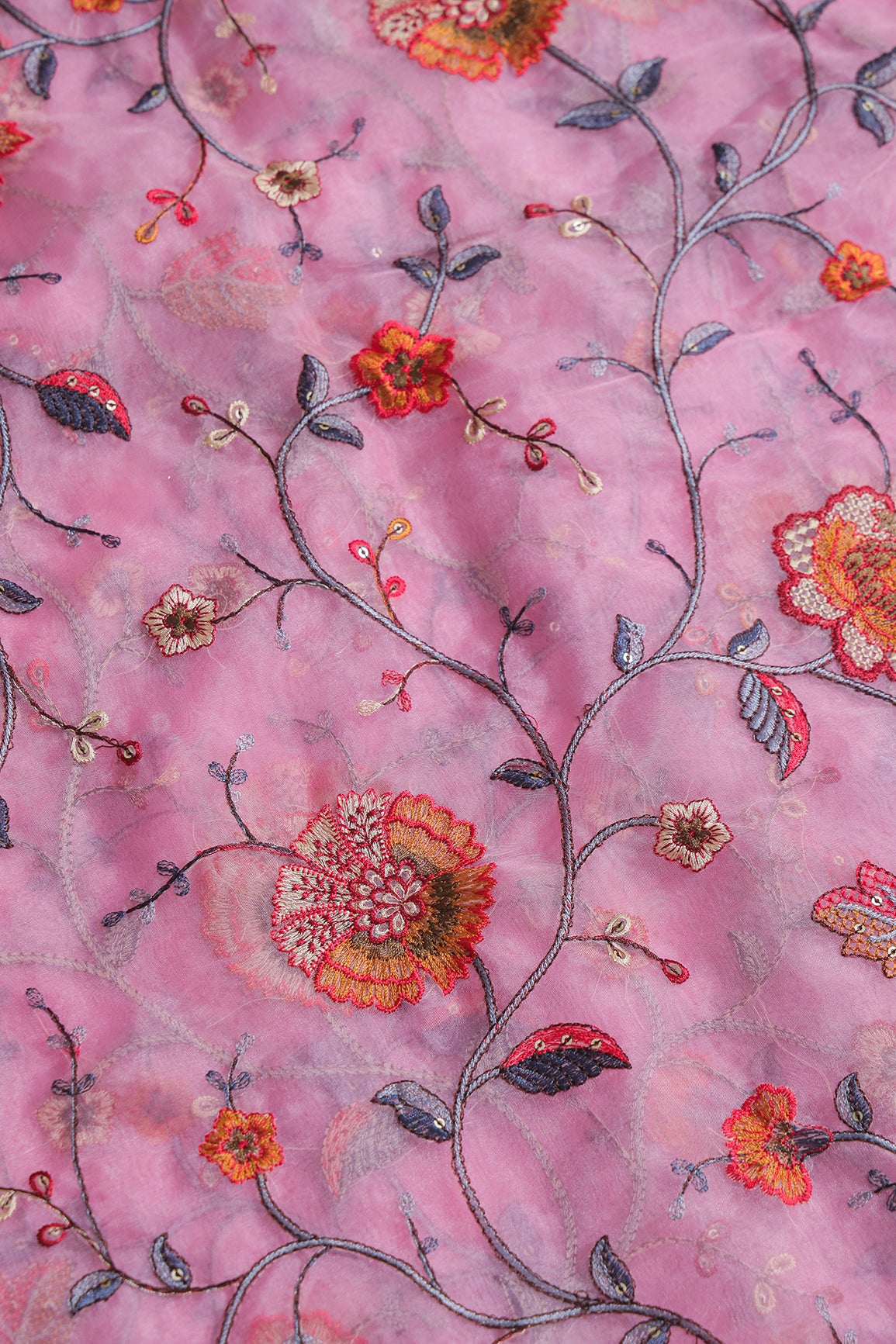 Beautiful Floral Multi Color Thread with Sequins Embroidery Work On Pink Organza Fabric