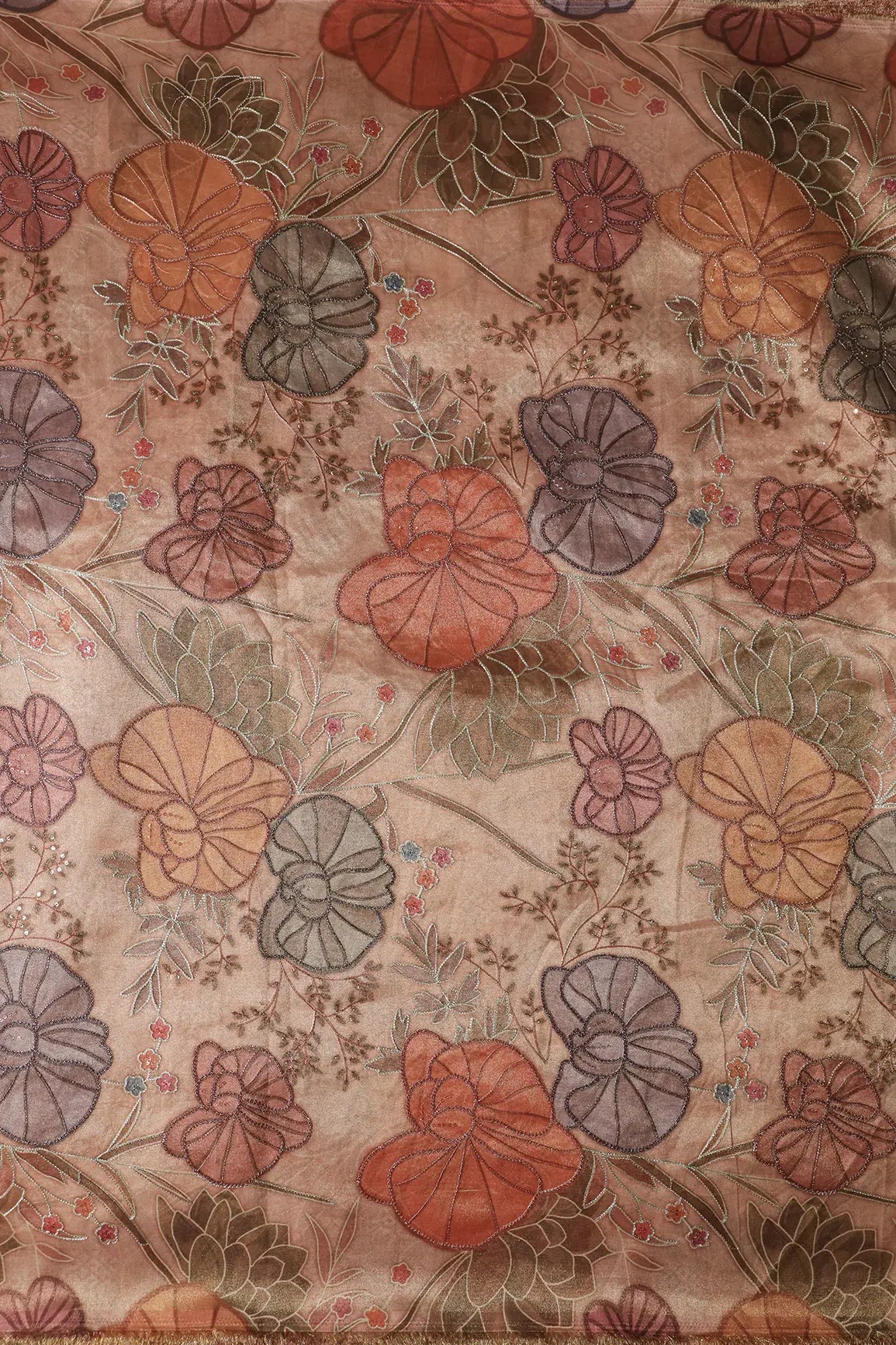Floral Positional Print On Sequins With Zari Embroidery On Peach Zari Tissue Fabric