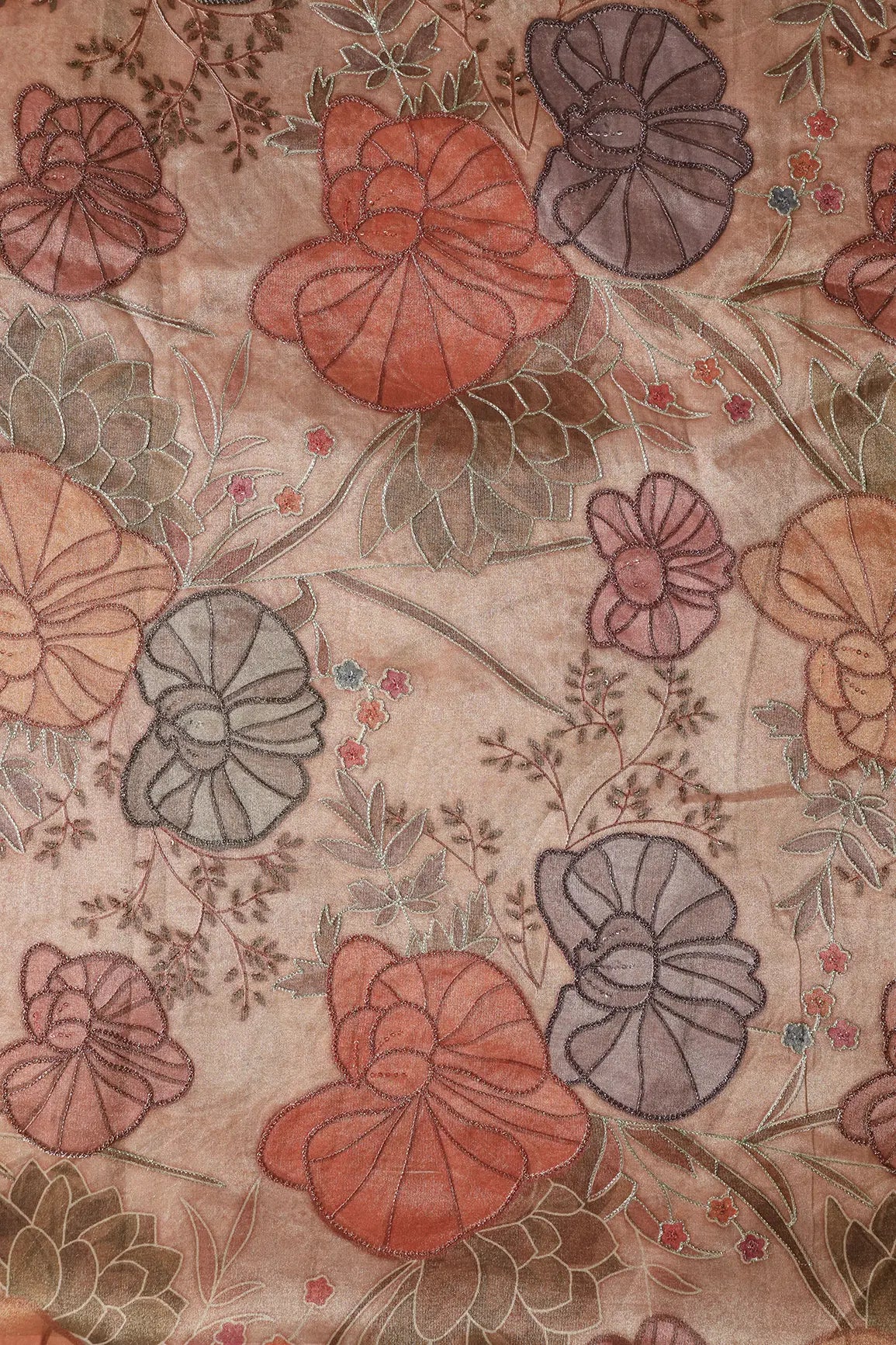 Floral Positional Print On Sequins With Zari Embroidery On Peach Zari Tissue Fabric