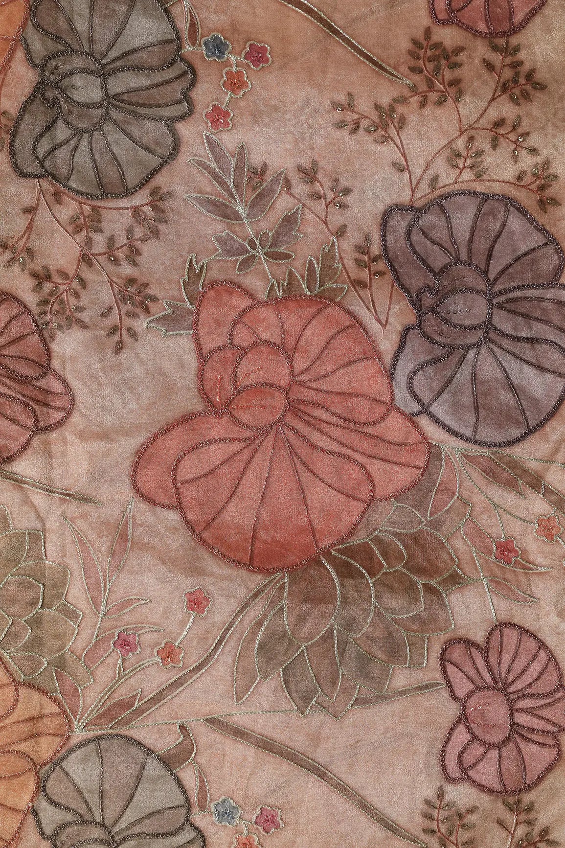 Floral Positional Print On Sequins With Zari Embroidery On Peach Zari Tissue Fabric