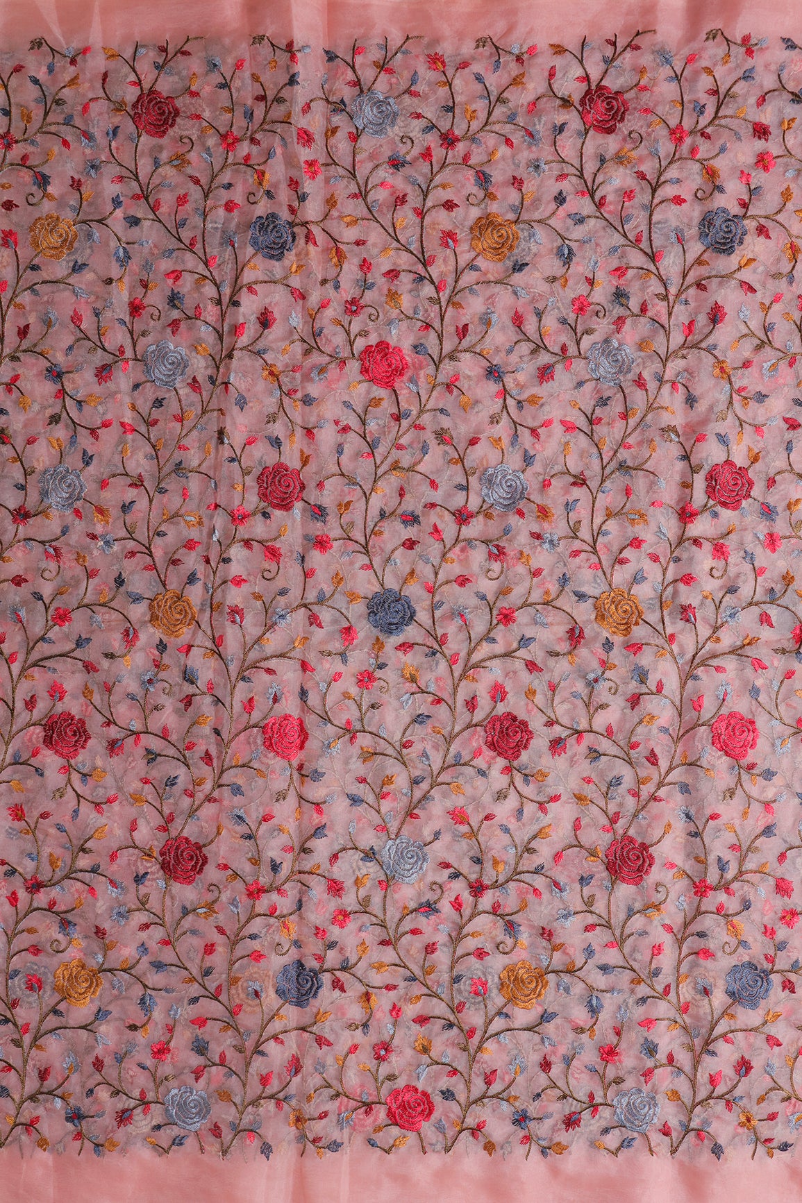 Beautiful Floral Multi Color Thread with Sequins Embroidery Work On Peach Organza Fabric