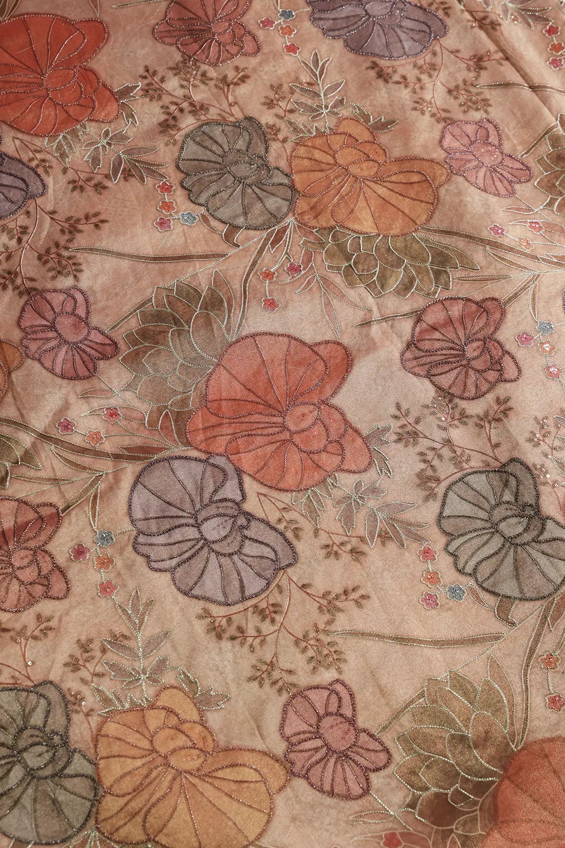 Floral Positional Print On Sequins With Zari Embroidery On Peach Zari Tissue Fabric