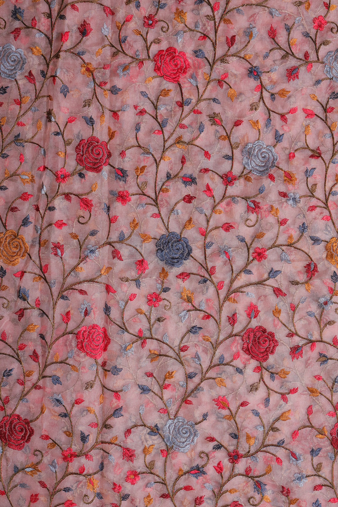 Beautiful Floral Multi Color Thread with Sequins Embroidery Work On Peach Organza Fabric