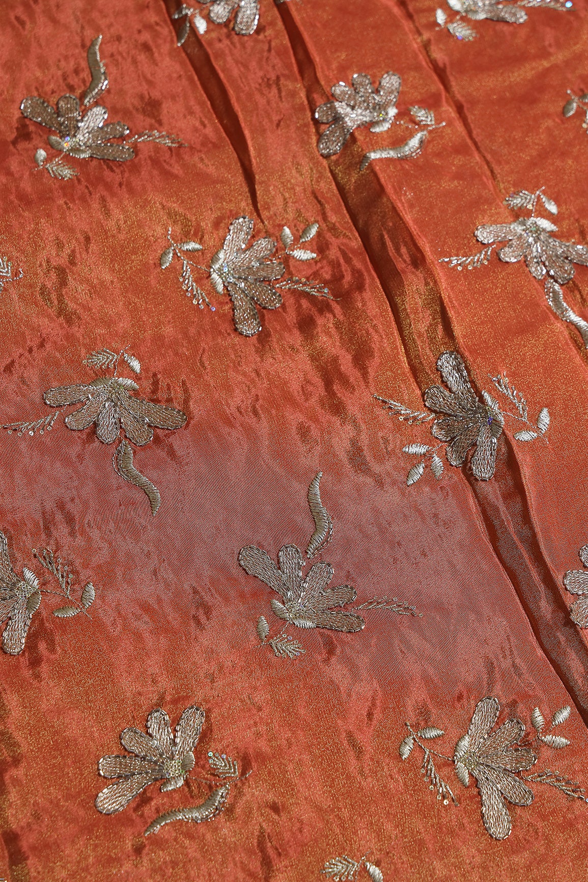 Multi Sequins & Beads With Zari Floral Embroidery Work On Rust Shiny Viscose Zari Tissue Fabric