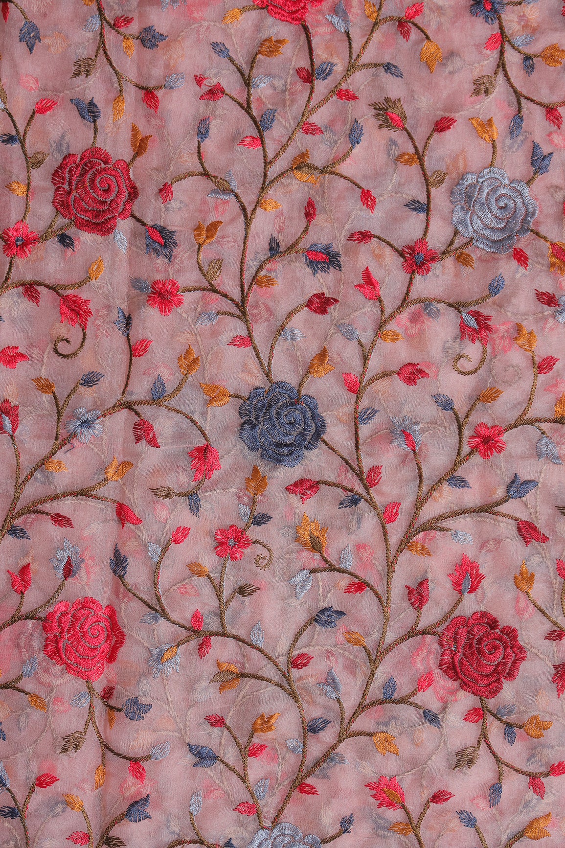 Beautiful Floral Multi Color Thread with Sequins Embroidery Work On Peach Organza Fabric