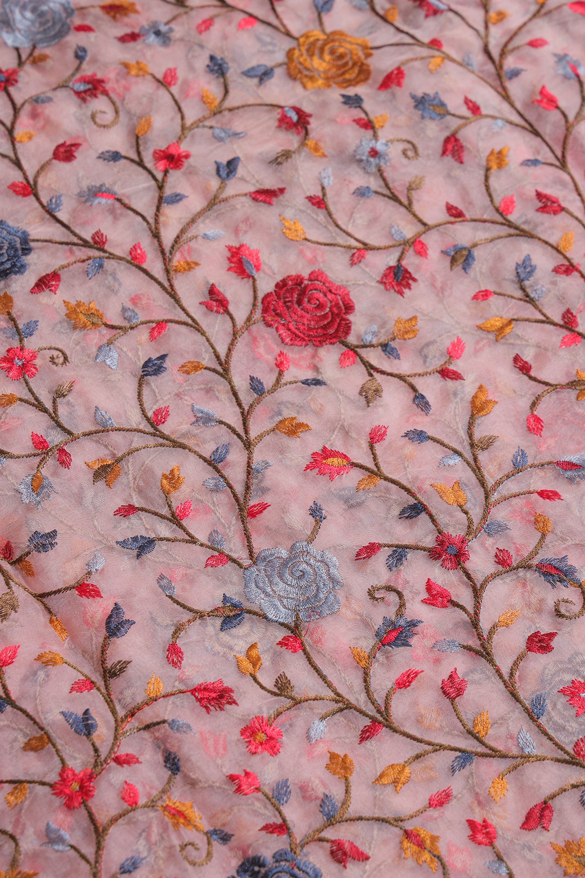 Beautiful Floral Multi Color Thread with Sequins Embroidery Work On Peach Organza Fabric