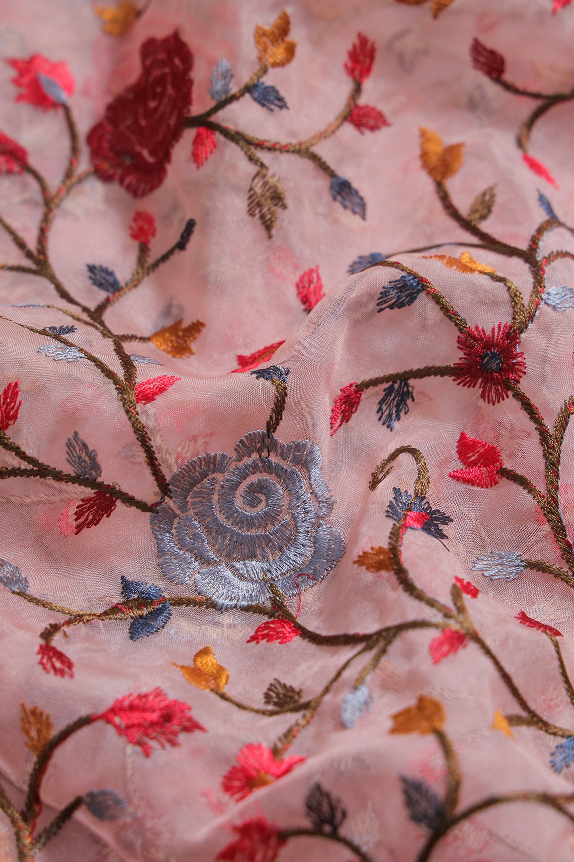 Beautiful Floral Multi Color Thread with Sequins Embroidery Work On Peach Organza Fabric