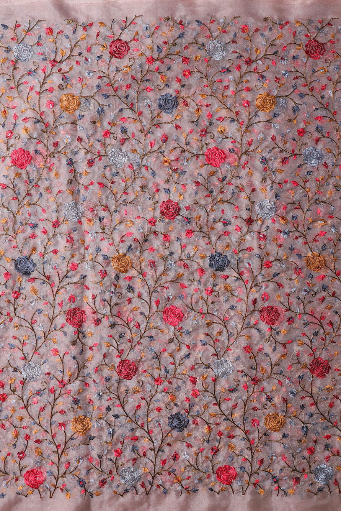 Beautiful Floral Multi Color Thread with Sequins Embroidery Work On Mauve Organza Fabric