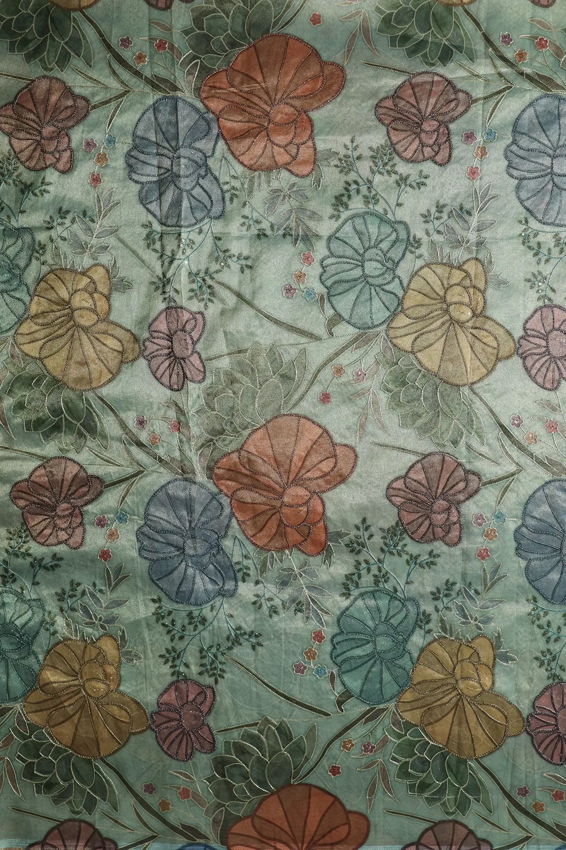 Floral Positional Print On Sequins With Zari Embroidery On Pastel Mint Green Zari Tissue Fabric
