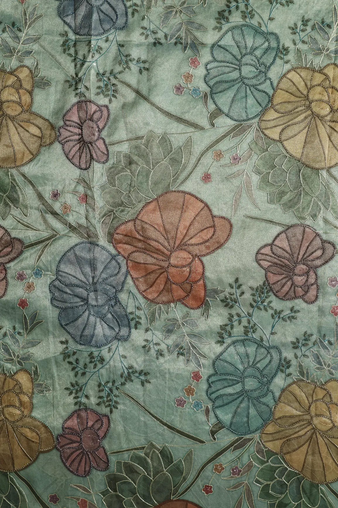 Floral Positional Print On Sequins With Zari Embroidery On Pastel Mint Green Zari Tissue Fabric