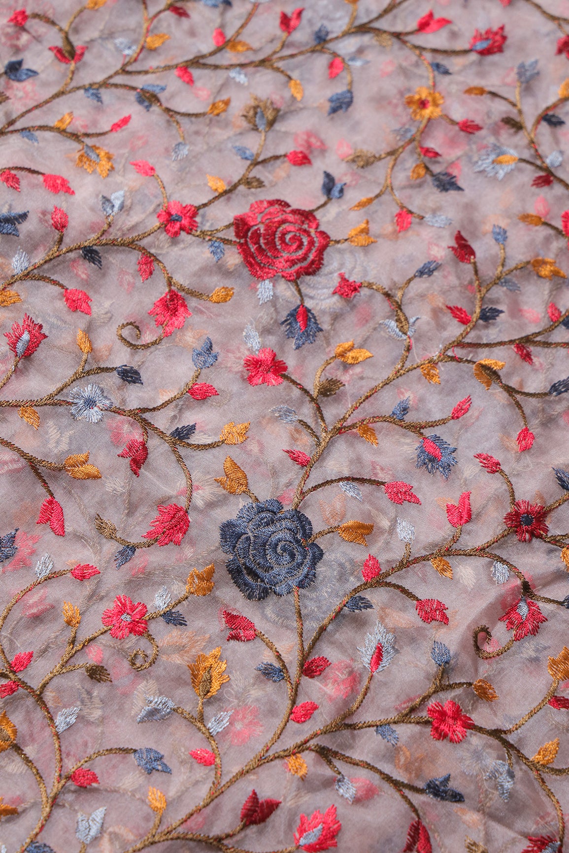 Beautiful Floral Multi Color Thread with Sequins Embroidery Work On Mauve Organza Fabric