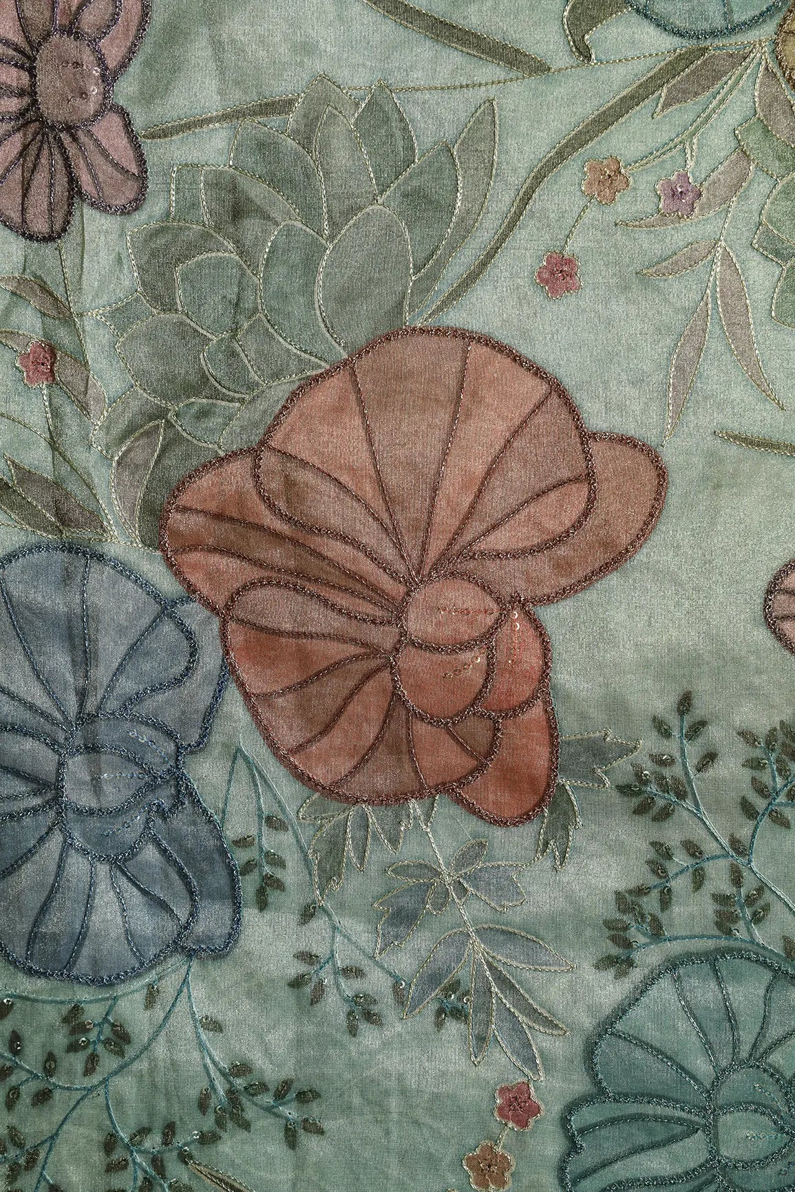 Floral Positional Print On Sequins With Zari Embroidery On Pastel Mint Green Zari Tissue Fabric