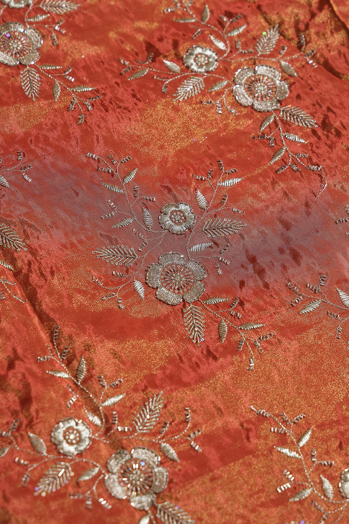 Multi Sequins & Beads With Zari Floral Embroidery Work On Rust Shiny Viscose Zari Tissue Fabric