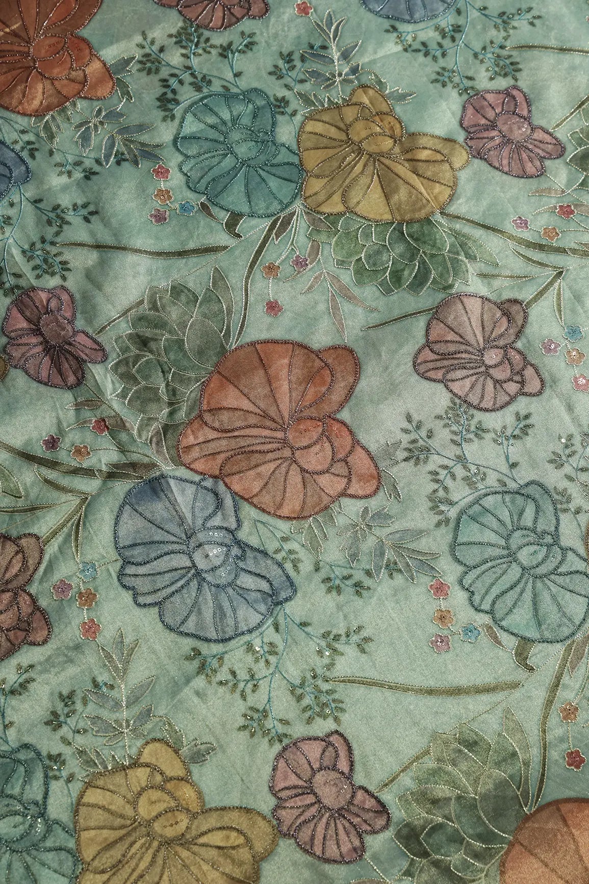 Floral Positional Print On Sequins With Zari Embroidery On Pastel Mint Green Zari Tissue Fabric