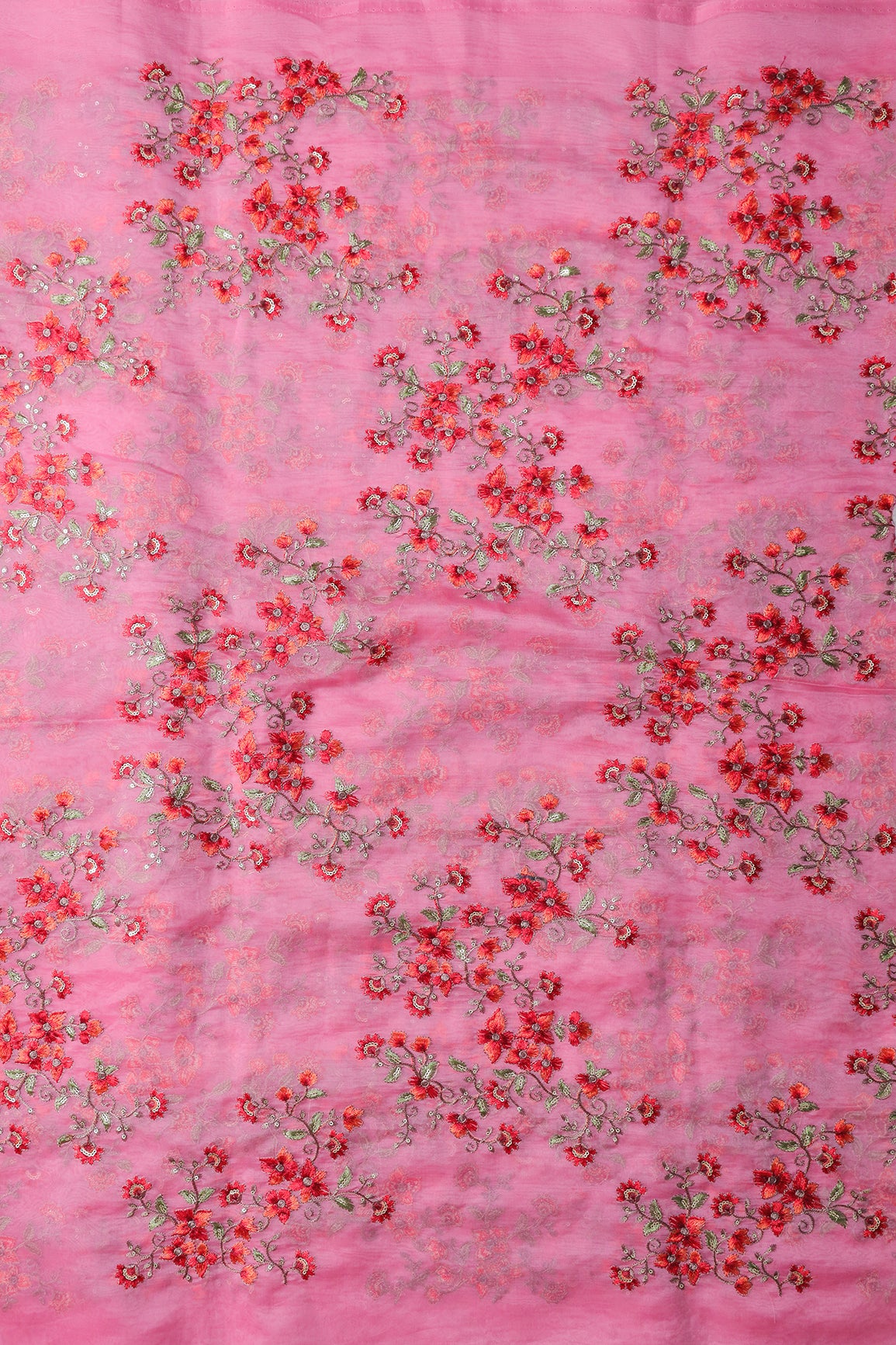Gold Sequins With Thread Floral Embroidery On Pink Organza Fabric