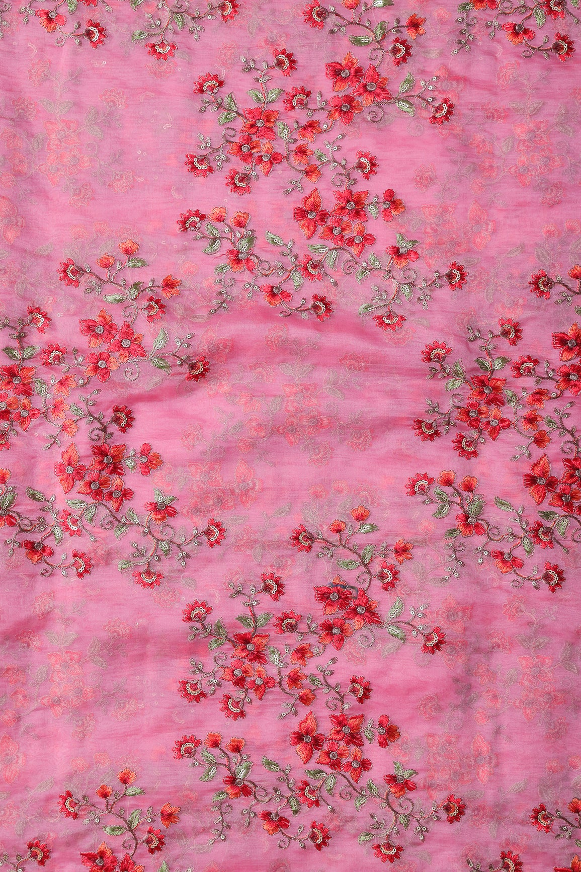 Gold Sequins With Thread Floral Embroidery On Pink Organza Fabric