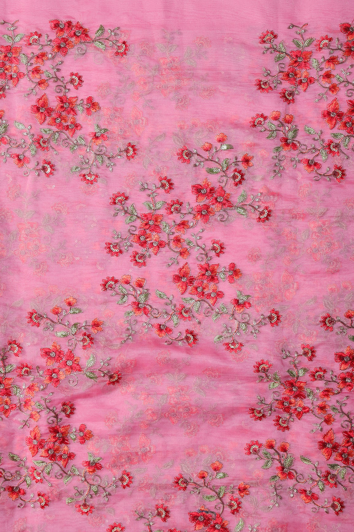 Gold Sequins With Thread Floral Embroidery On Pink Organza Fabric