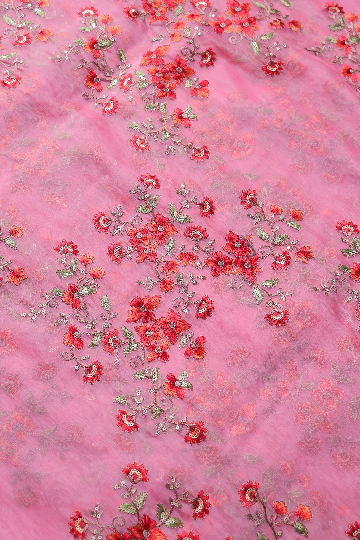 Gold Sequins With Thread Floral Embroidery On Pink Organza Fabric