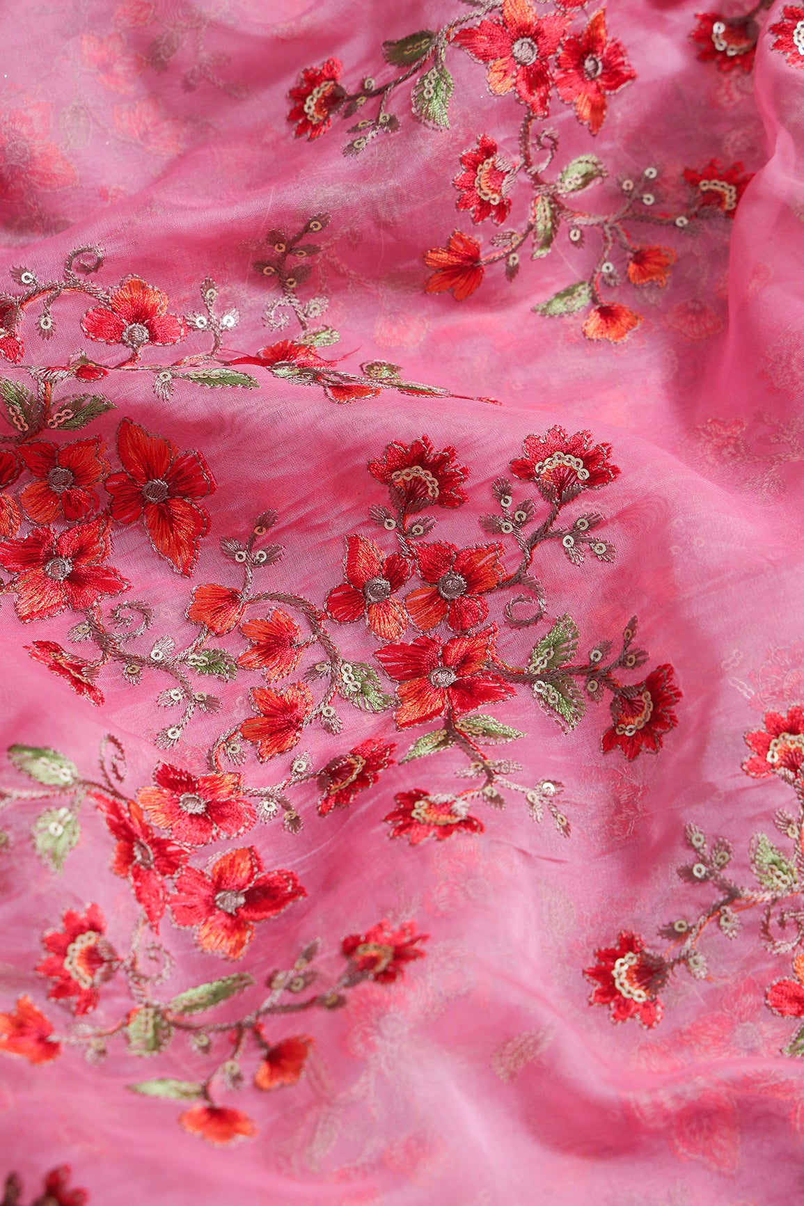 Gold Sequins With Thread Floral Embroidery On Pink Organza Fabric