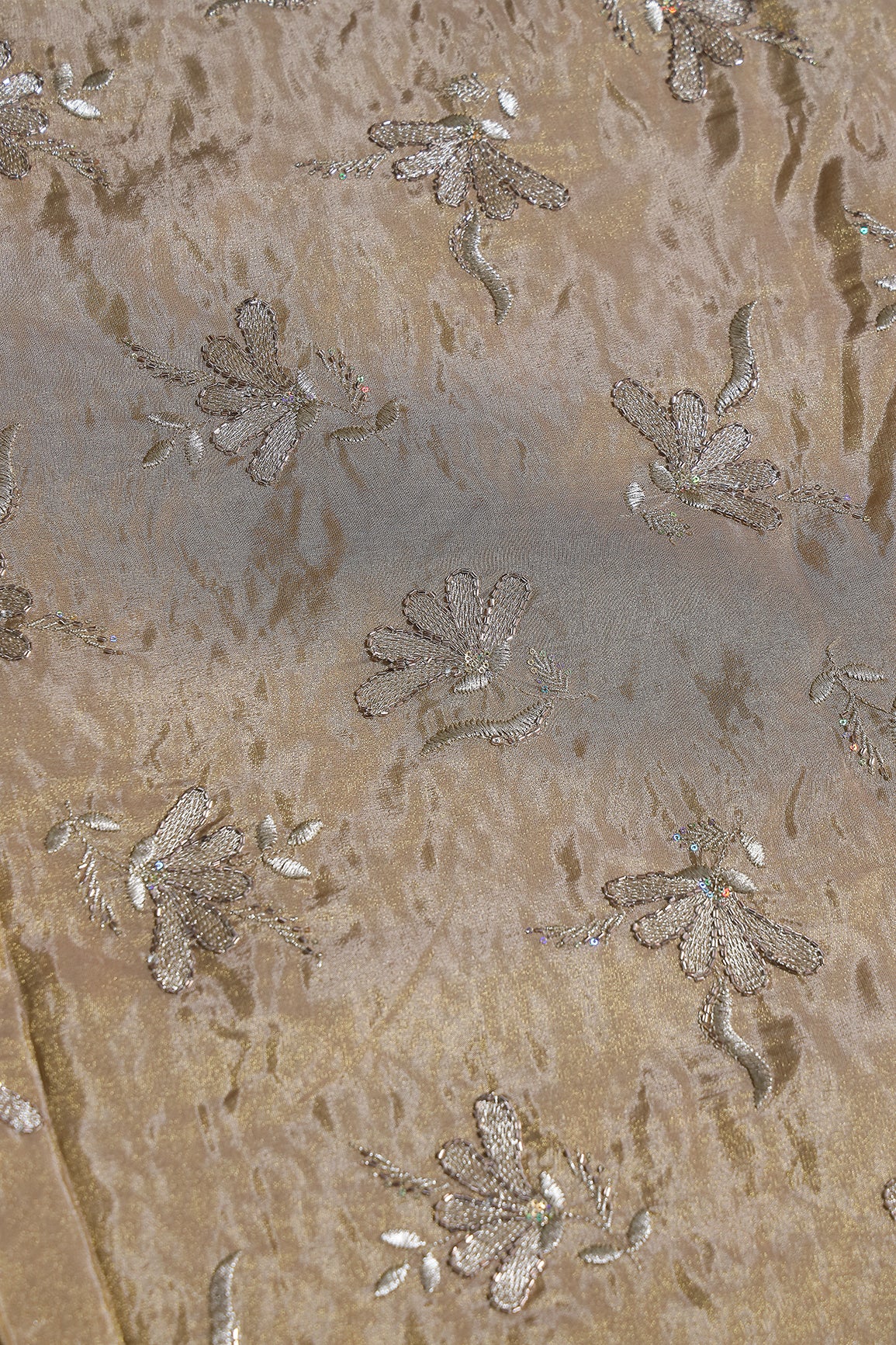 Multi Sequins & Beads With Zari Floral Embroidery Work On Beige Shiny Viscose Zari Tissue Fabric