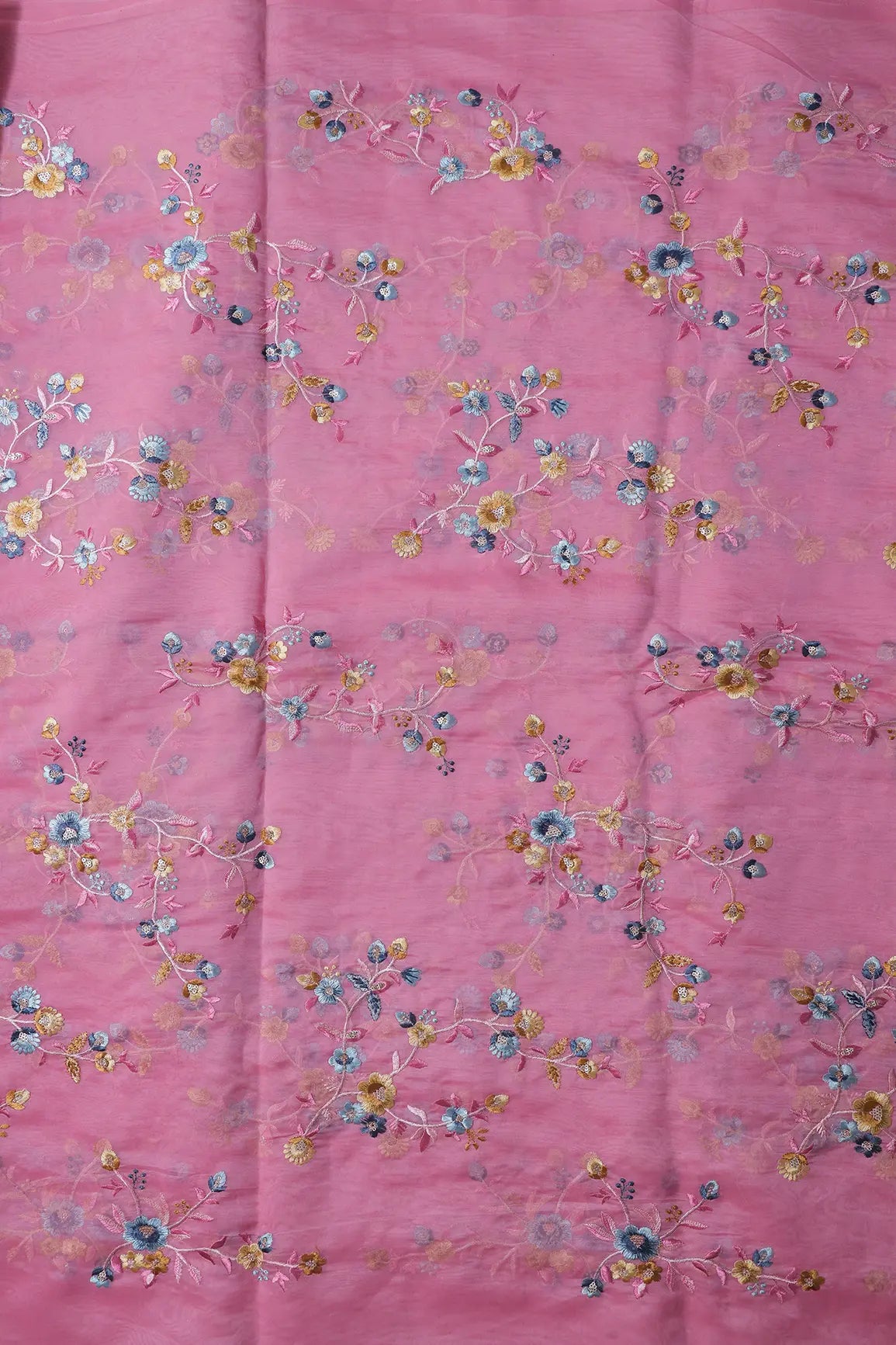 Gold Sequins With Thread Floral Embroidery On Pink Organza Fabric