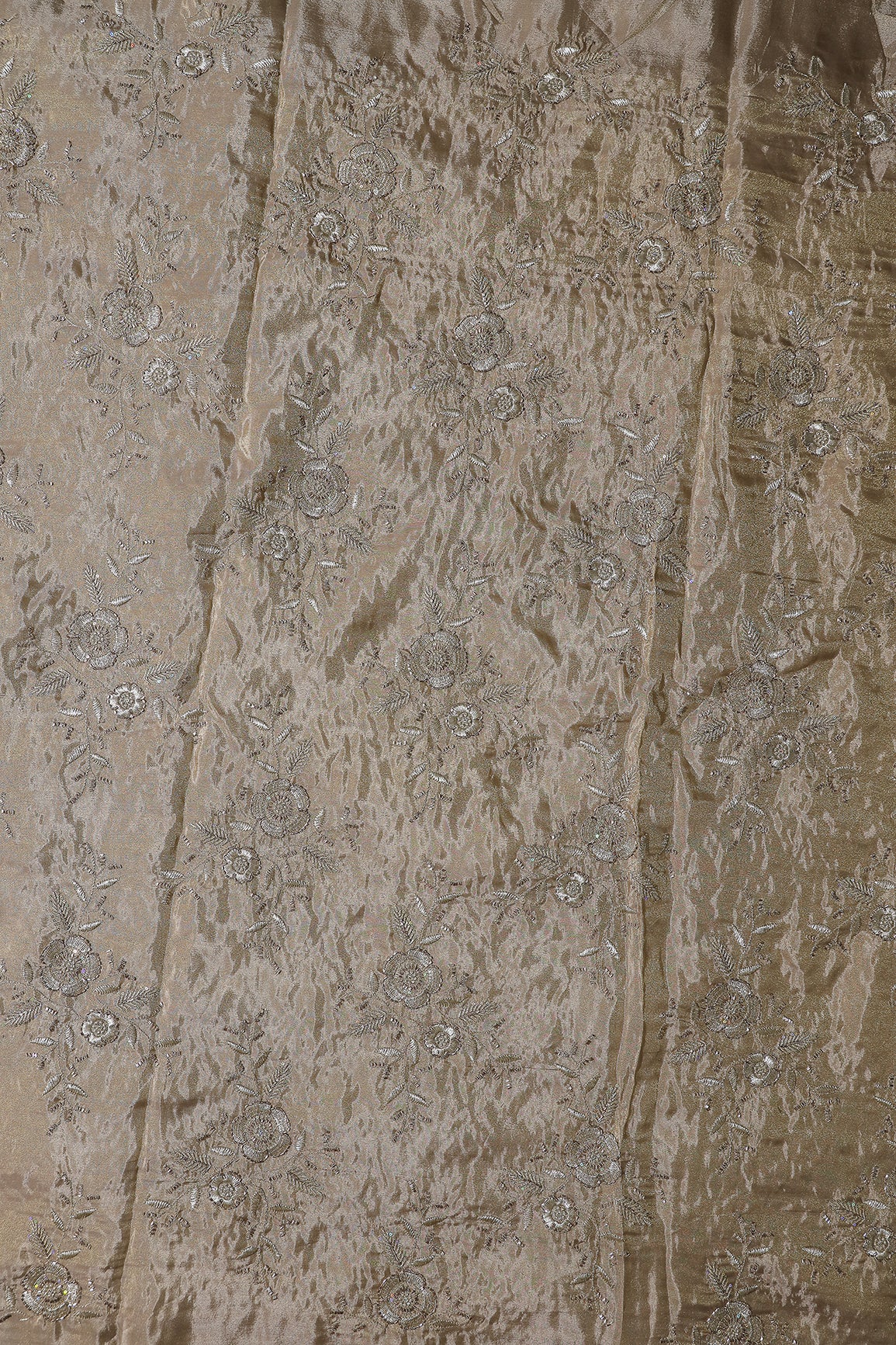 Multi Sequins & Beads With Zari Floral Embroidery Work On Beige Shiny Viscose Zari Tissue Fabric