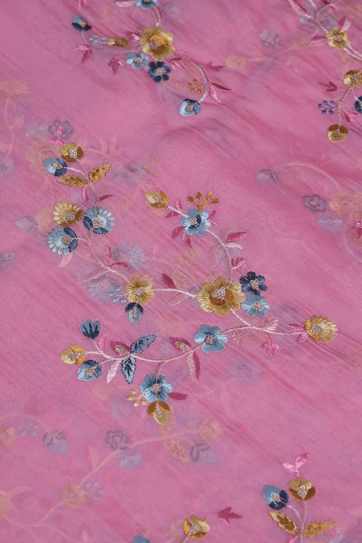 Gold Sequins With Thread Floral Embroidery On Pink Organza Fabric