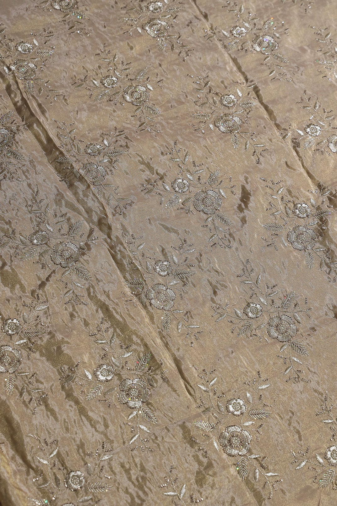 Multi Sequins & Beads With Zari Floral Embroidery Work On Beige Shiny Viscose Zari Tissue Fabric