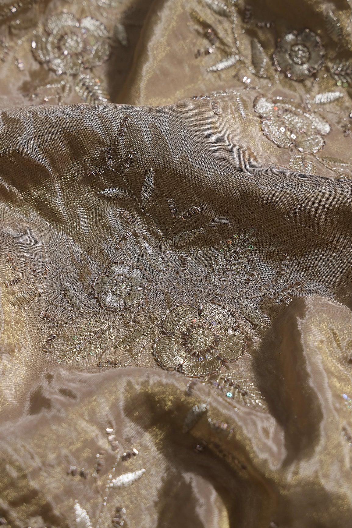 Multi Sequins & Beads With Zari Floral Embroidery Work On Beige Shiny Viscose Zari Tissue Fabric