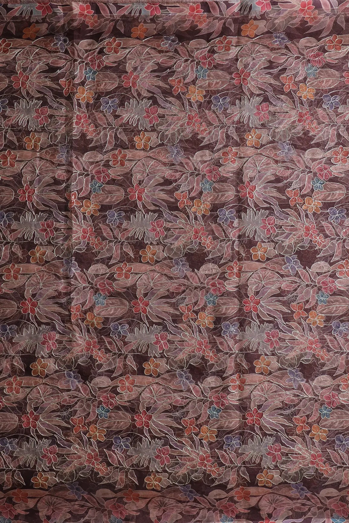 Floral Positional Print On Sequins With Zari Embroidery On Wine Organza Fabric