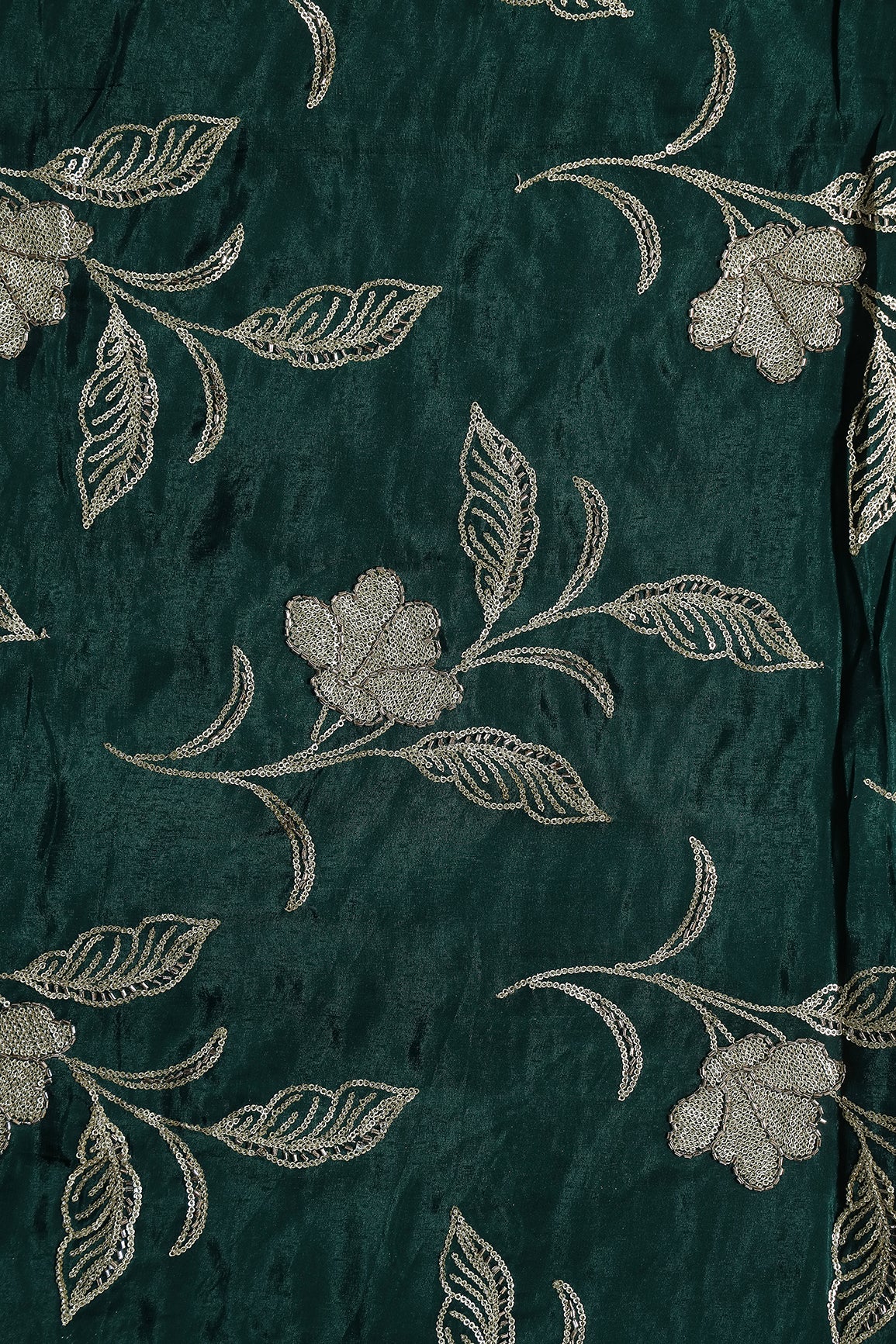 Gold Sequins With Beads Floral Leafy Embroidery Work On Bottle Green Glass Tissue Organza Fabric