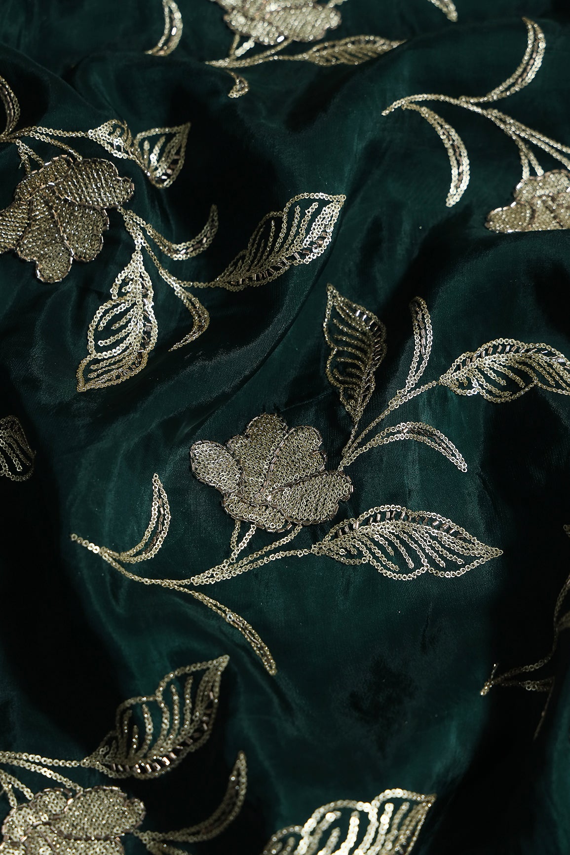 Gold Sequins With Beads Floral Leafy Embroidery Work On Bottle Green Glass Tissue Organza Fabric