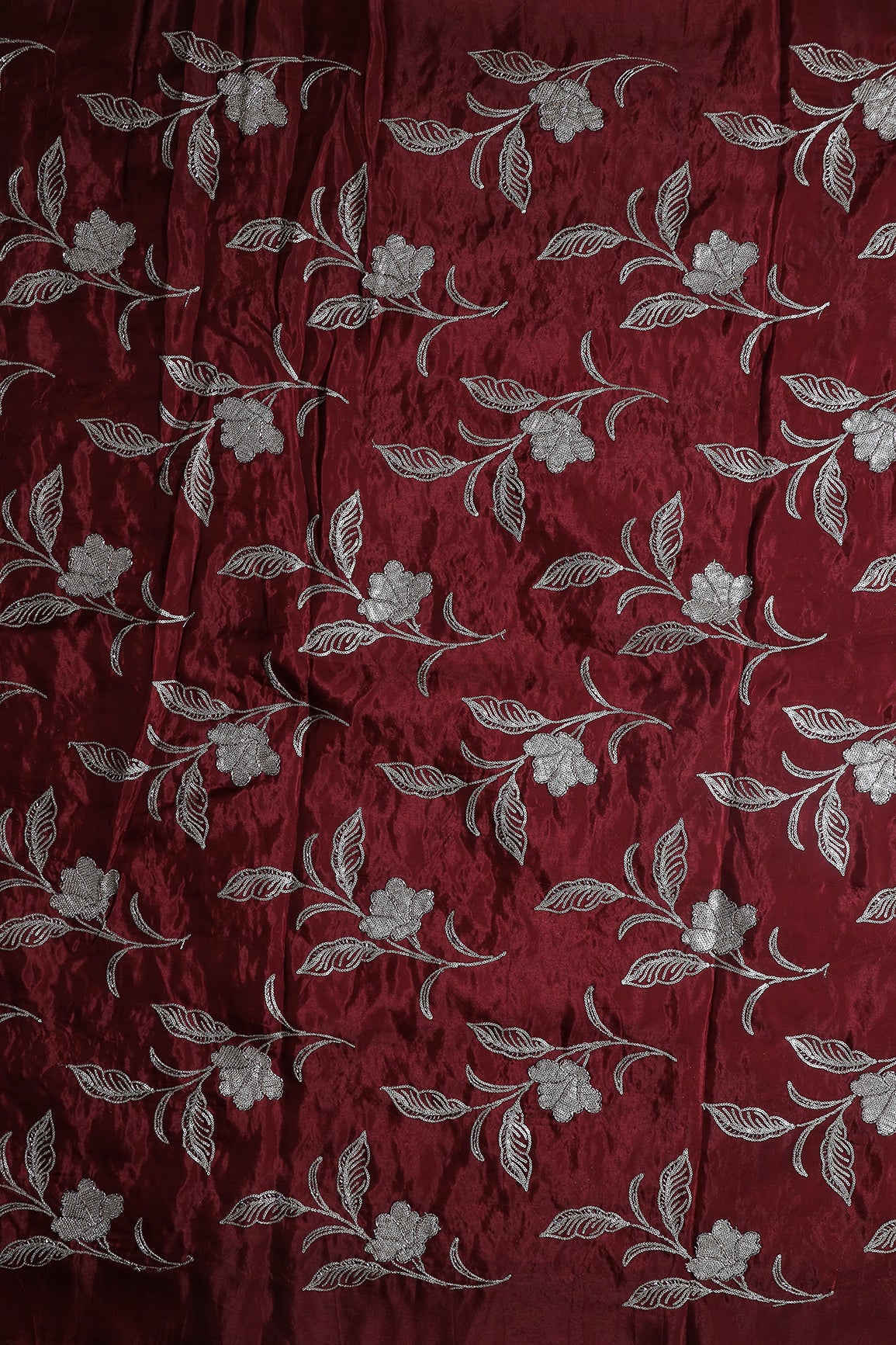 Gold Sequins With Beads Floral Leafy Embroidery Work On Maroon Pure Glass Tissue Organza Fabric