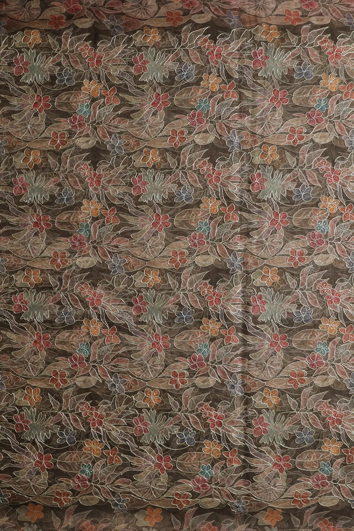 Floral Positional Print On Sequins With Zari Embroidery On Mehndi Green Organza Fabric
