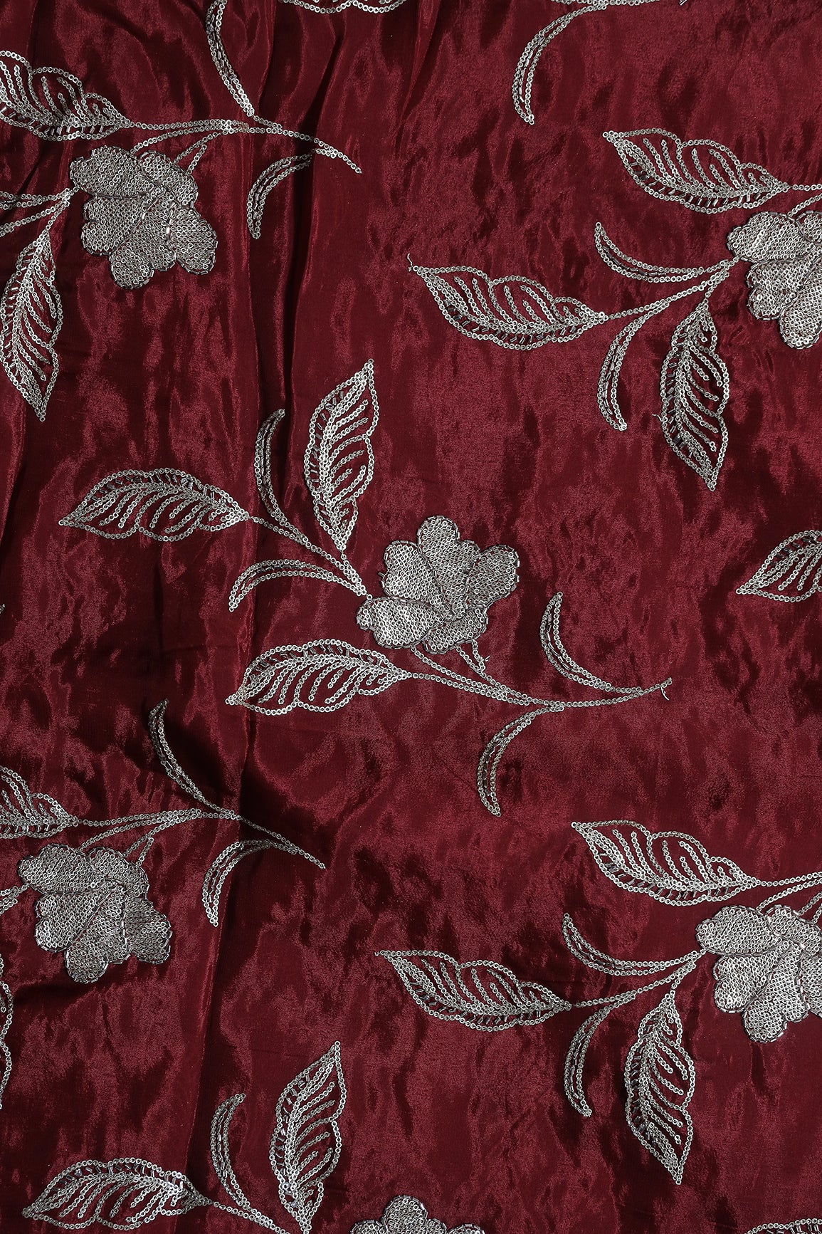 Gold Sequins With Beads Floral Leafy Embroidery Work On Maroon Glass Tissue Organza Fabric
