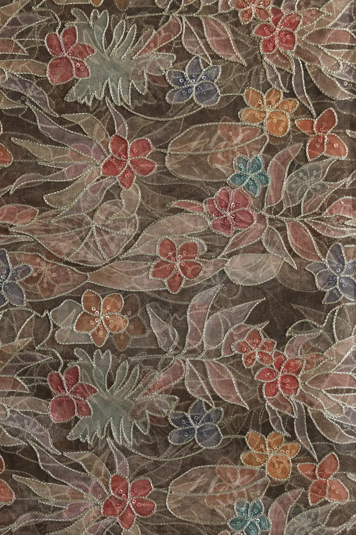 Floral Positional Print On Sequins With Zari Embroidery On Mehndi Green Organza Fabric