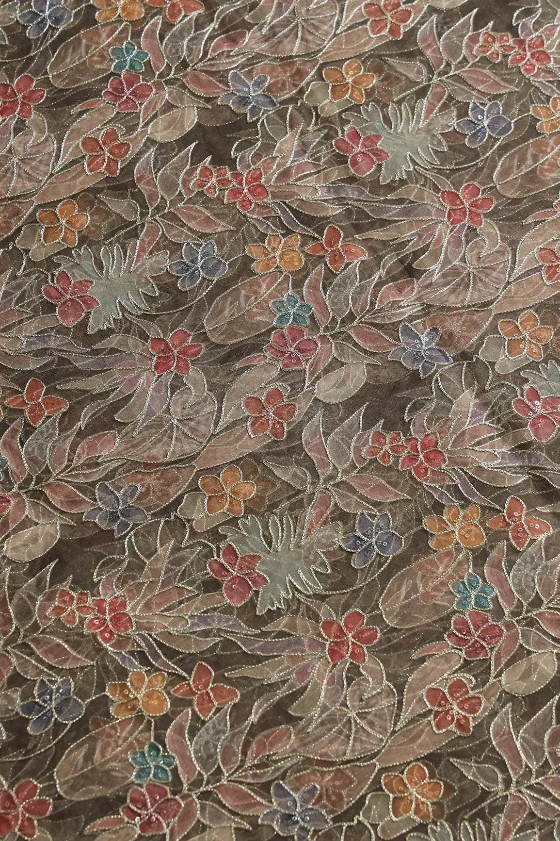 Floral Positional Print On Sequins With Zari Embroidery On Mehndi Green Organza Fabric