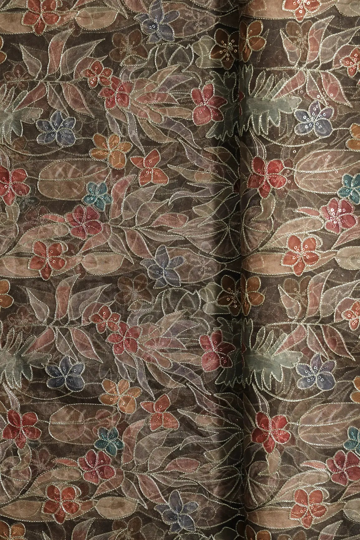 Floral Positional Print On Sequins With Zari Embroidery On Mehndi Green Organza Fabric
