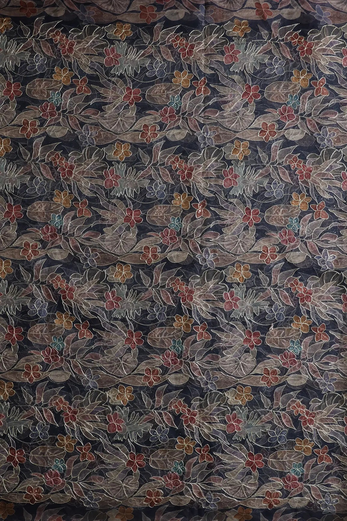 Floral Positional Print On Sequins With Zari Embroidery On Navy Blue Organza Fabric