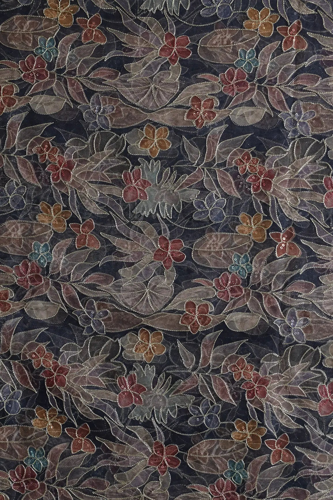 Floral Positional Print On Sequins With Zari Embroidery On Navy Blue Organza Fabric