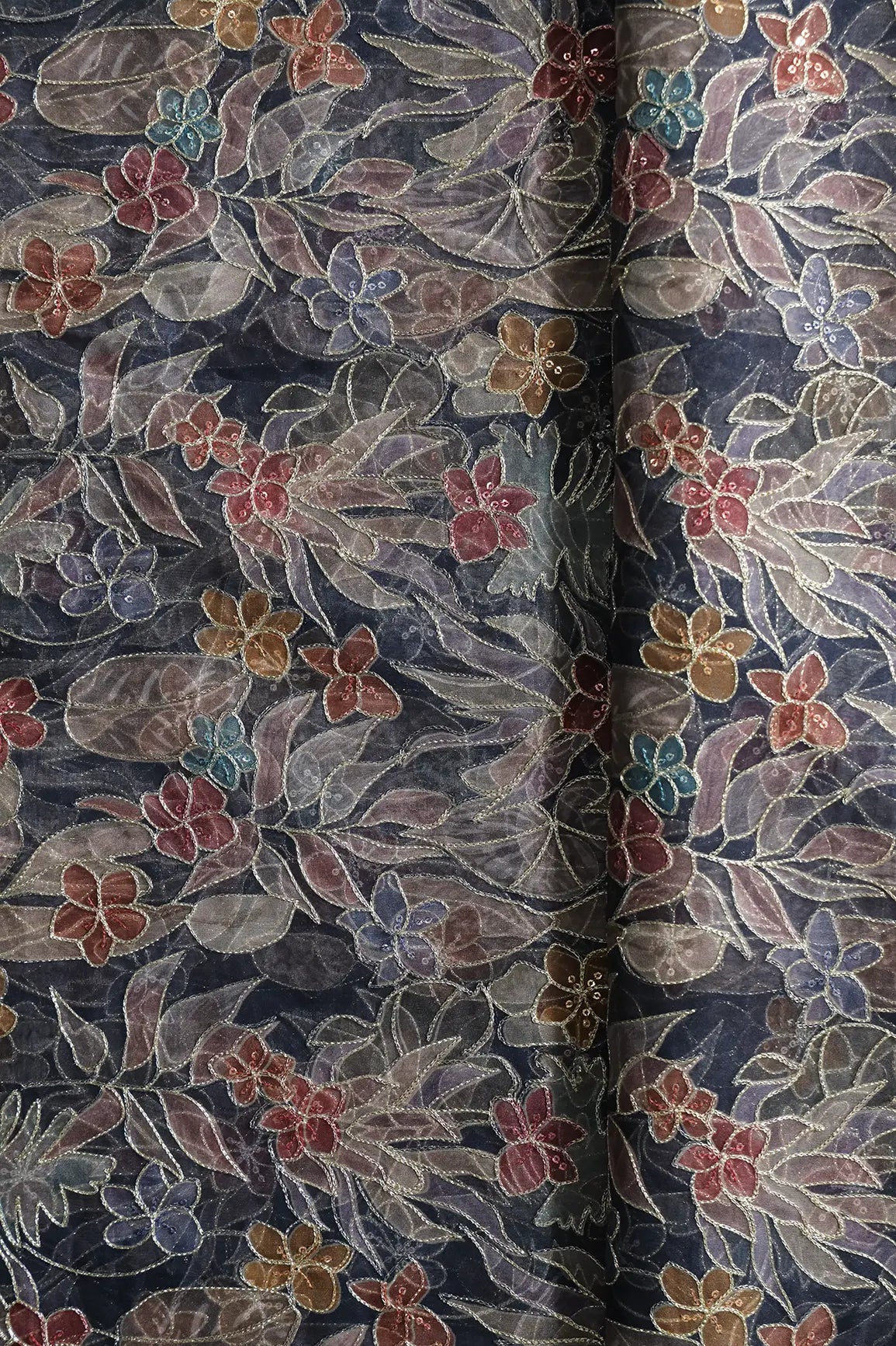 Floral Positional Print On Sequins With Zari Embroidery On Navy Blue Organza Fabric