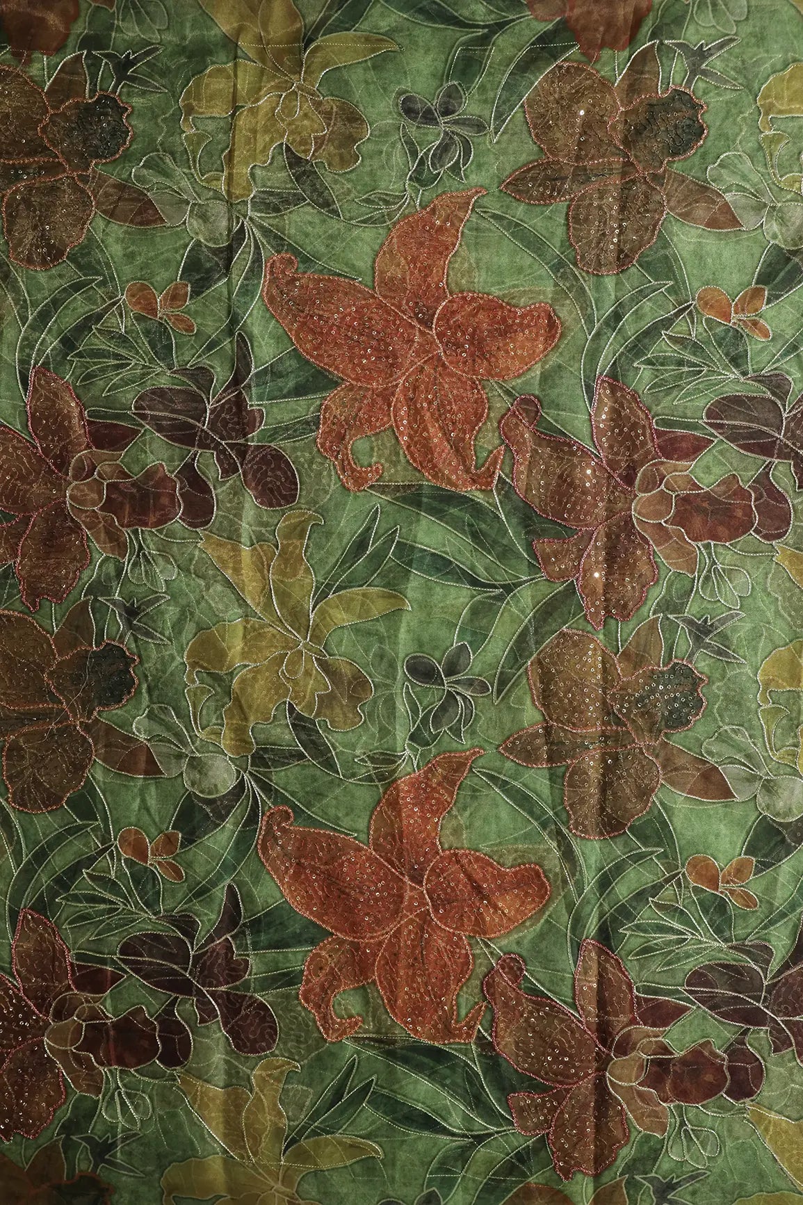 Floral Positional Print On Sequins With Zari Embroidery On Dark Olive Organza Fabric