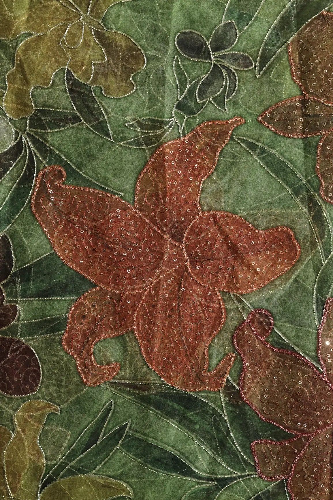 Floral Positional Print On Sequins With Zari Embroidery On Dark Olive Organza Fabric