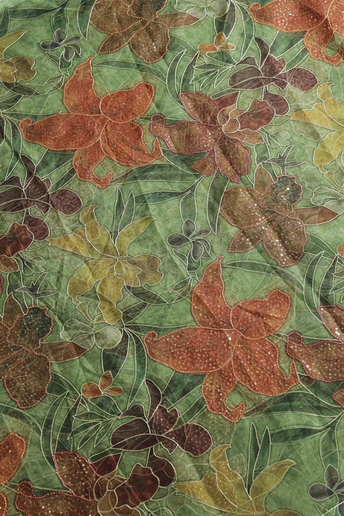 Floral Positional Print On Sequins With Zari Embroidery On Dark Olive Organza Fabric